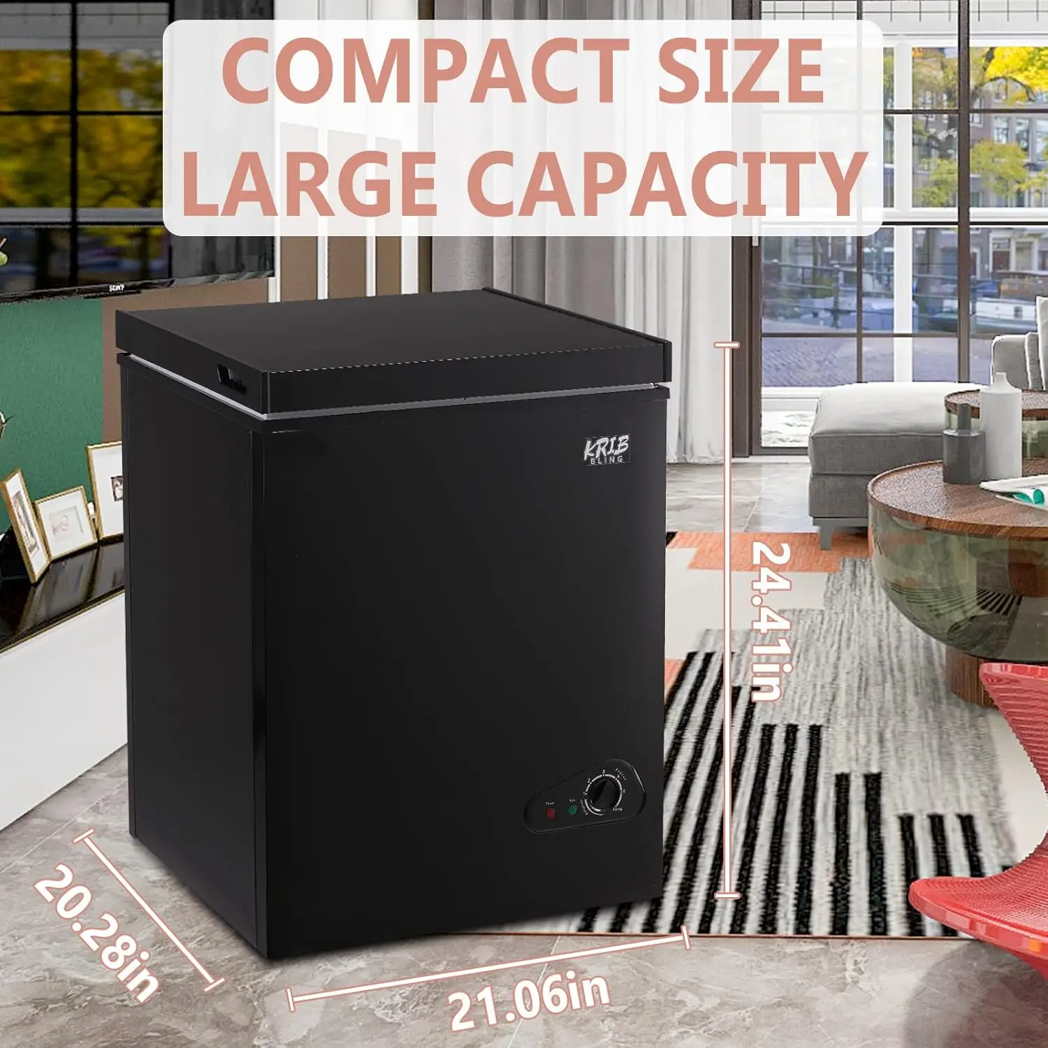 KRIB BLING 3.5 Cu.Ft Compact Chest Freezer with Removable Basket, Krib Bling Top Door Open Freestanding Deep Freezer with 7 Gear