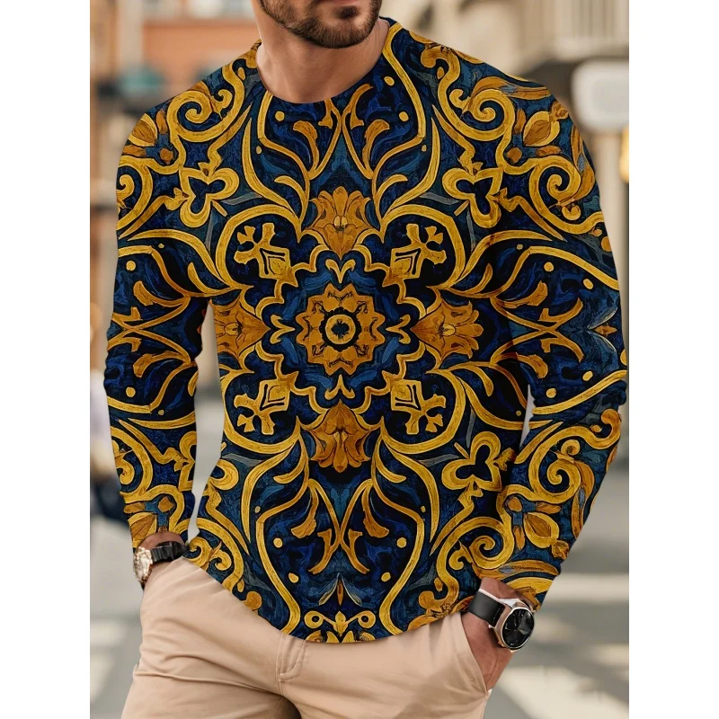 3D Print Luxurious Exquisite T Shirt For Men Colorful Pattern Tees Autumn Fashion Casual Long Sleeves O-Neck Tops Loose T-Shirts