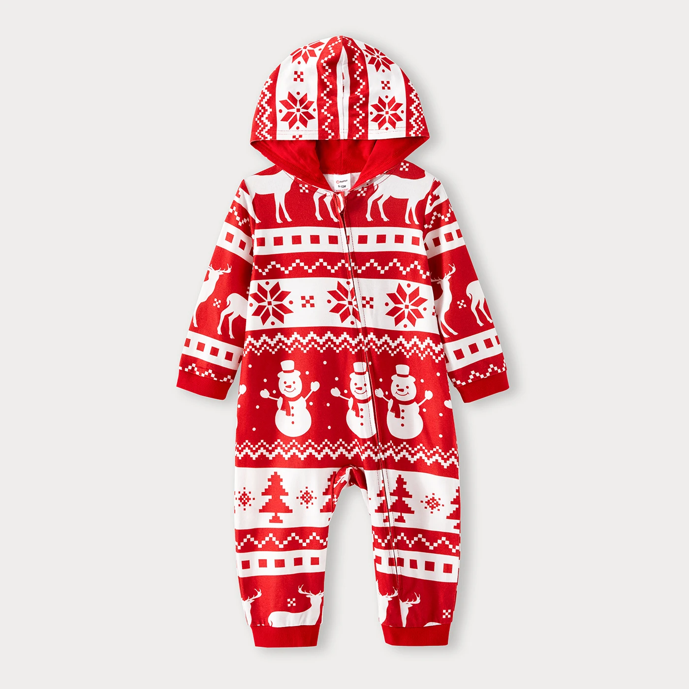 PatPat Christmas Family Matching Allover Red Print Long-sleeve Hooded Zipper Onesies Pajamas Sets (Flame Resistant)