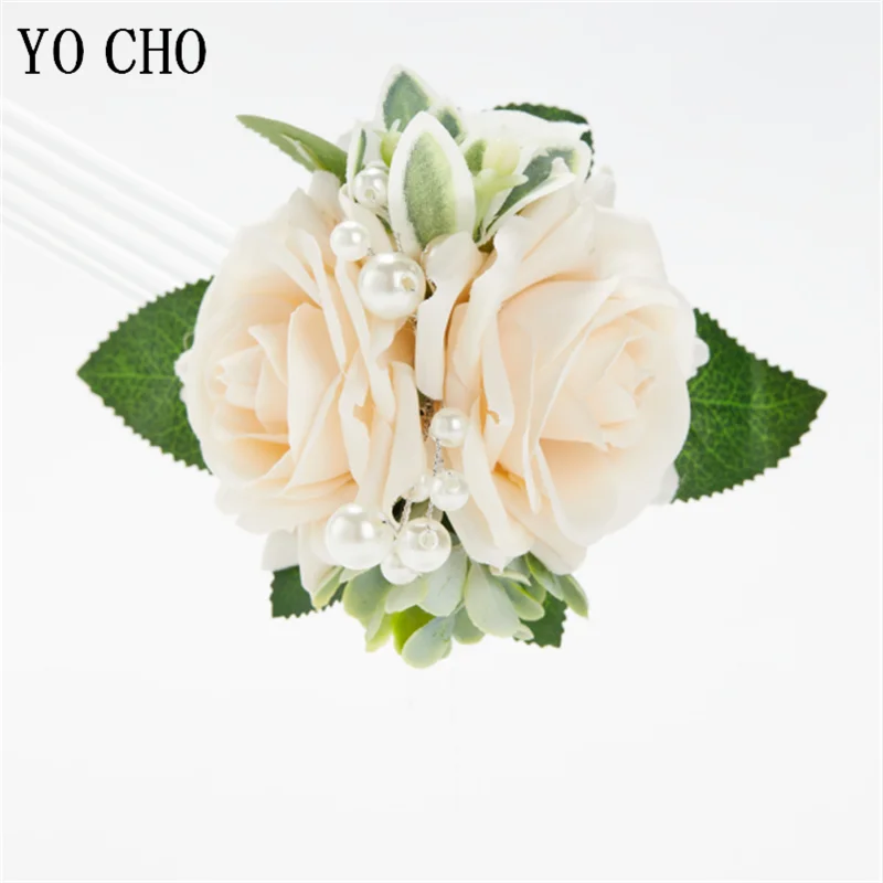 YO CHO-White Silk Rose Boutonniere para homens, broche Buttonhole, dama de honra pulseira Corsage, noivo cerimônia flor, flor do casamento