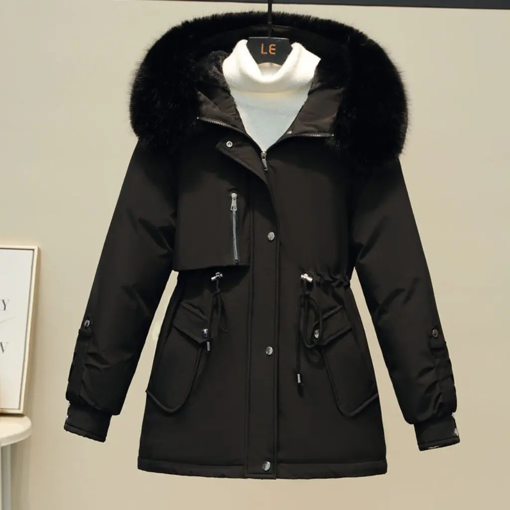 

Women's Mid-Length down Jacket Cotton-Padded Korean Style Loose Fit with Large Fur Collar And Velvet Trim for Fall/Winter