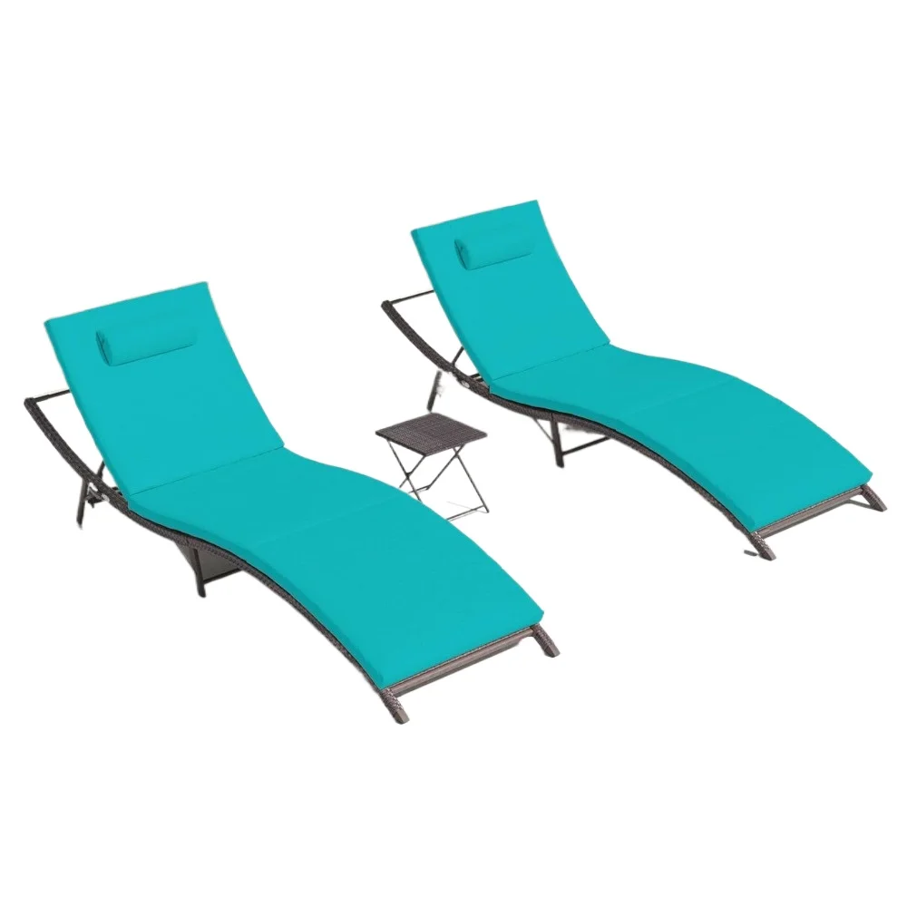 Lounge Chair for Outside,3 Pieces Chaise Lounge Outdoor Folding Pool Lounge Chairs Including Table Rattan Patio Furniture Set,