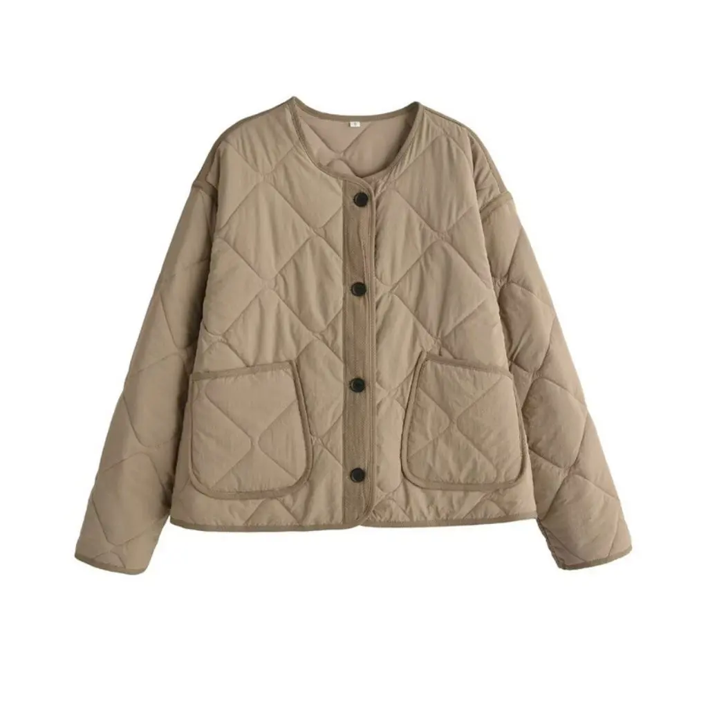 

Women's Elegant Casual Plaid Cotton Jacket Coat round Neck Single-Breasted Autumn Winter Fashion European American Style