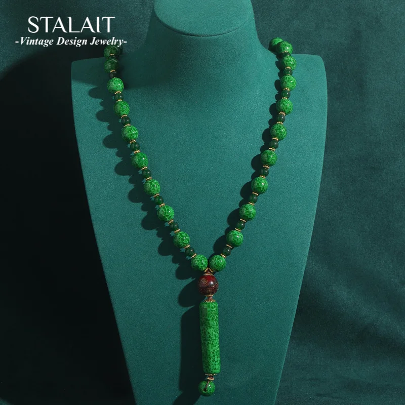

Винтажный изумрудно-зеленый длинный кулон, бусины, ювелирные изделия из натурального камня, антикварные ожерелья, цепочка, роскошные аксессуары для женщин, подарок для мамы