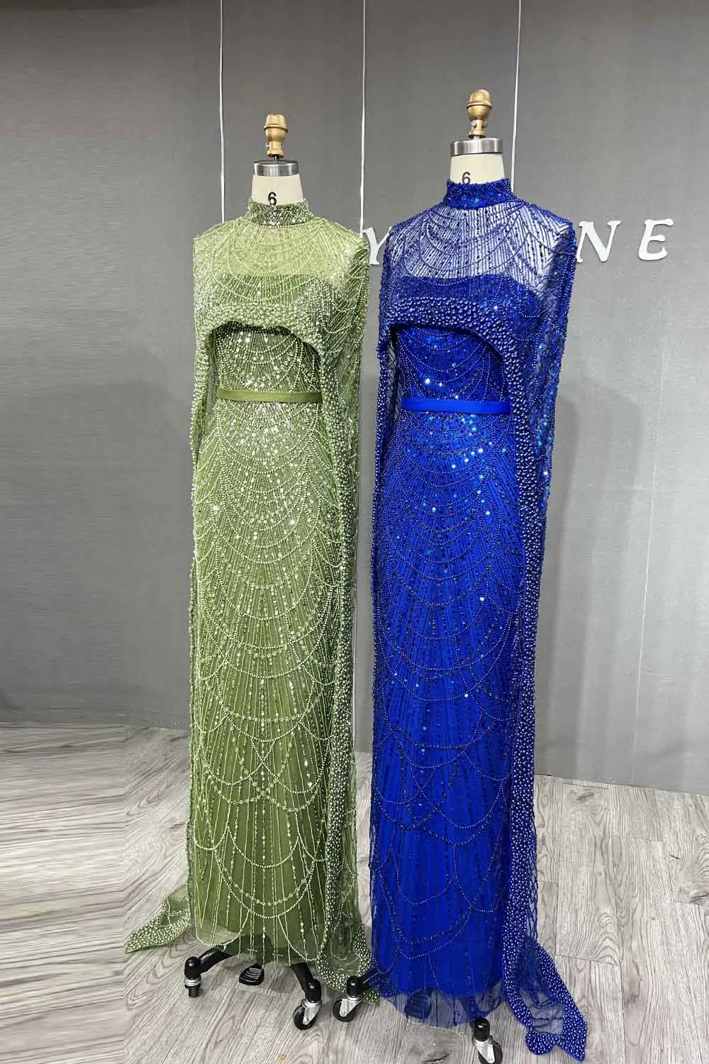 YQLNNE Luxury Greenery Beading Evening Dresses Sequined Tulle Formal Party Gown Mermaid With Shawl