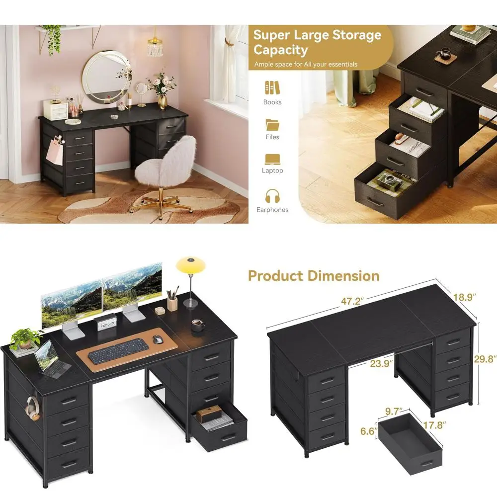 

48 Large Storage Gaming & Home Office Desk with 8 Drawers, Black
