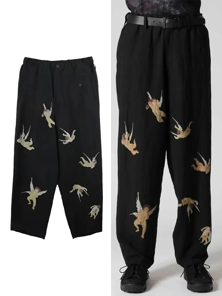 

Linen Blend Japanese Angel Print Design Elastic Waist Pants Casual Pants Wide Leg Pants Owens Men'S Pants,Yamamoto-Style