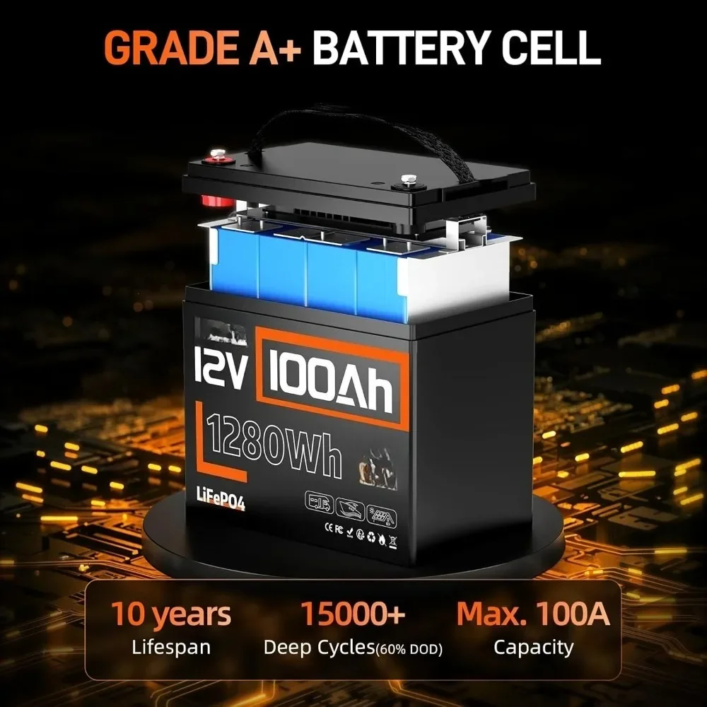مجموعة بطارية LiFePO4 12 فولت 100 أمبير 24-100 أمبير BMS مع انقطاع درجة حرارة منخفضة |   15000+ دورات عميقة لمحرك التصيد البحري الشمسي RV