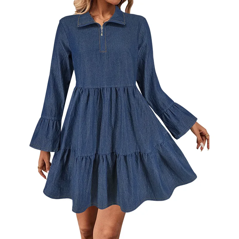 

2025 New Elegant Denim Pleats Dresses for Women Spring Summer Long Sleeves Turn Down Neck High Waist A Line Casual Dress