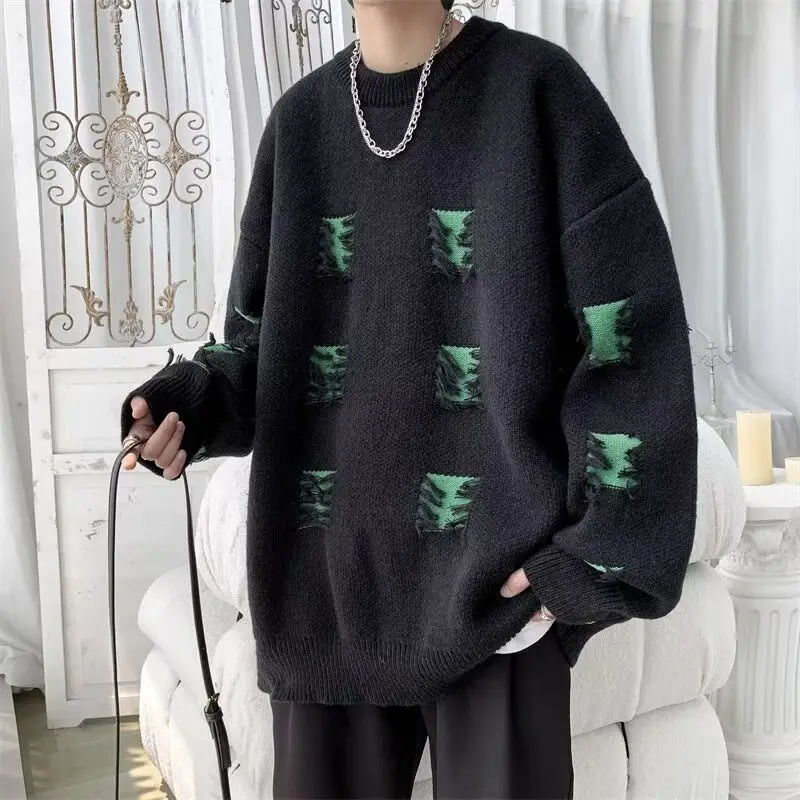 Stylish Hole Spliced Loose Sweaters Men's Clothing Contrasting Colors Autumn Winter Casual Basic Round Neck Knitted Pullovers