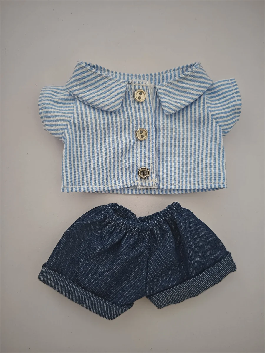 طقم قميص جينز مخطط باللونين الأزرق والأبيض من الجيل الأول والثاني، قلادة دمية يرتديها 17 سم، ملابس بديلة للدمى، بدون أحذية