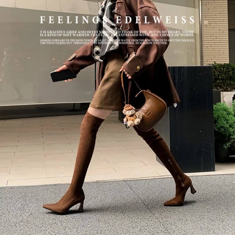 2026 Sexy Thigh High Boots Women Stiletto Supper 7.5cm High-heeled Black Brown Long Botas Nightclub Stripper Shoes