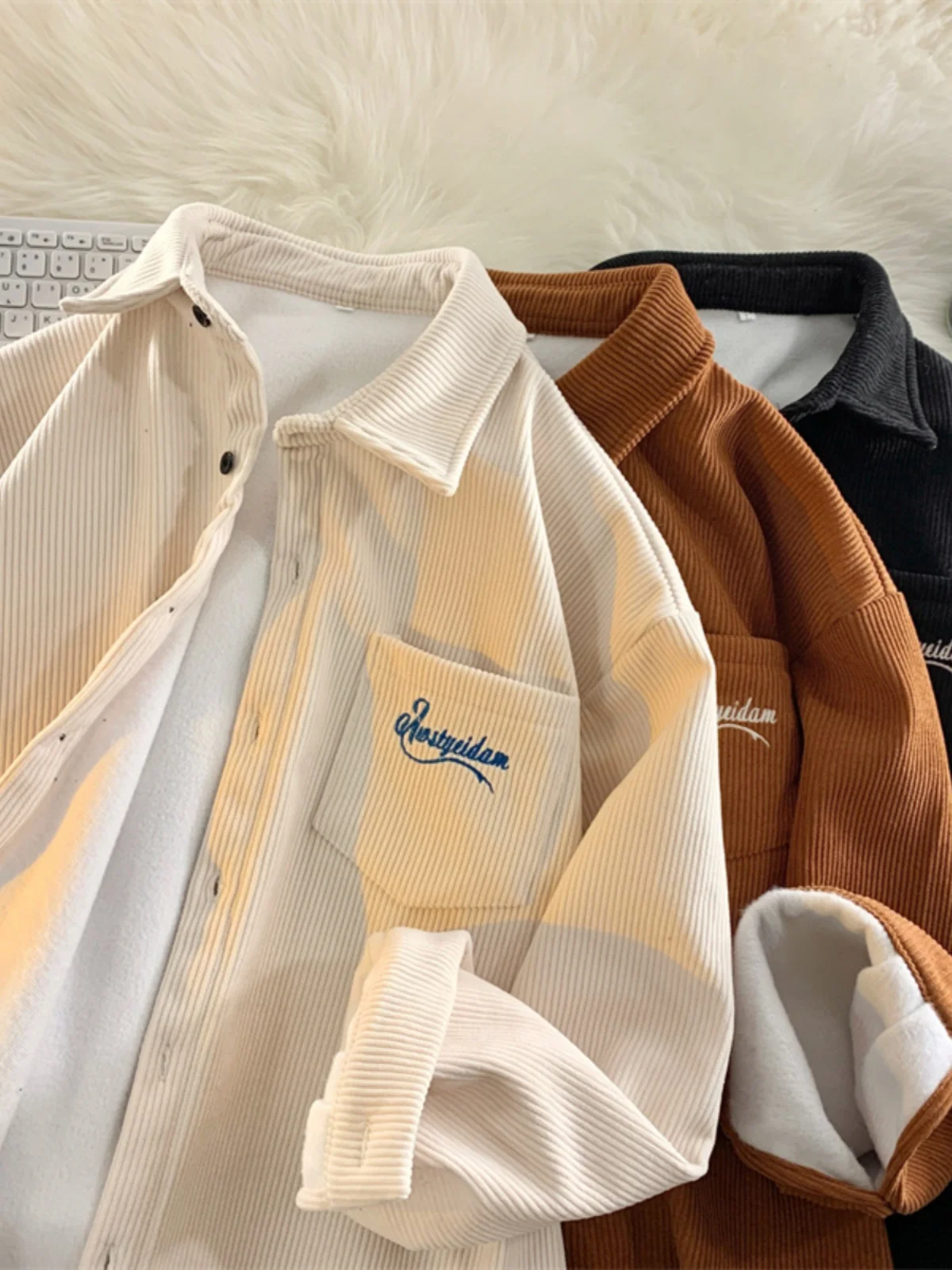 Autumn Winter Men's Fleece-lined Shirt Lapel Embroidered Letters Corduroy Blouse American Casual Fashion Retro Thicken Shirts