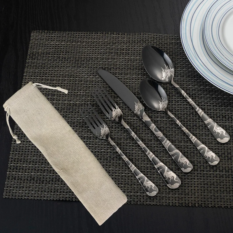 4/5Pcs Premium Laser Dragon Stainless-Steel Cutlery Set, Thickened Knife/Fork/Spoon W/ Portable Bag, Reusable Festival Gift