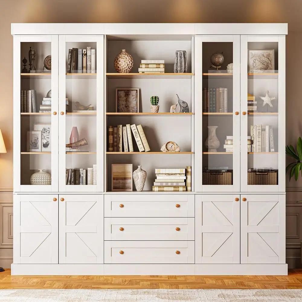 

71 High Glass-Door Bookcase Set of 3, Adjustable Shelves for Living & Kitchen, White