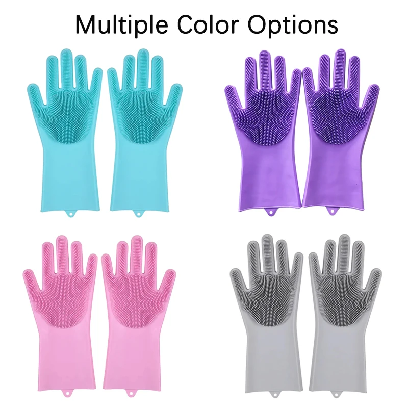 1 Pair Silicone Dishwashing Gloves Rubber Scrubbing Gloves Sponge Cleaning Brush for Dishes Housework Kitchen Cars