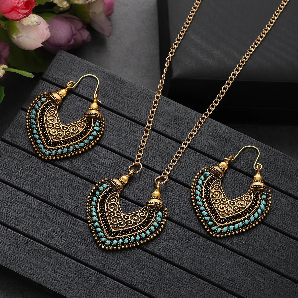 Vintage Ethnic Gold Color Drop Earrings Necklace for Women Heart Shape Statement Earrings Bohemian Rope Wrap Jewelry bijoux