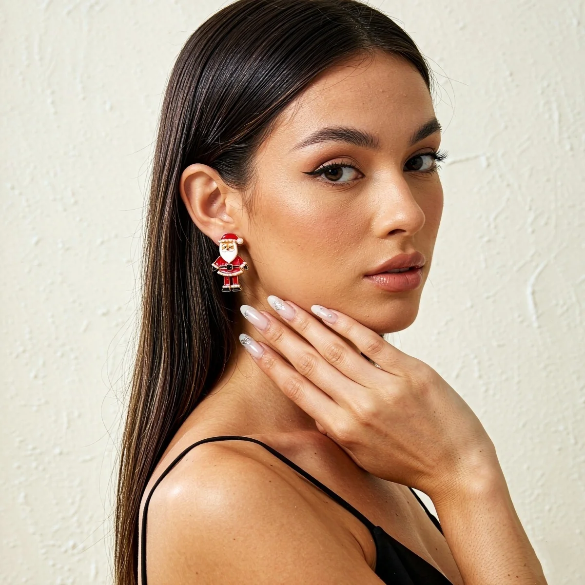 Kreative asymmetrische Ohrstecker mit Weihnachtsmann und Weihnachtsfrau mit langen Beinen für Damen, Imitationsperlen, Weihnachtsfiguren-Ohrringe, Schmuck – Detail 7