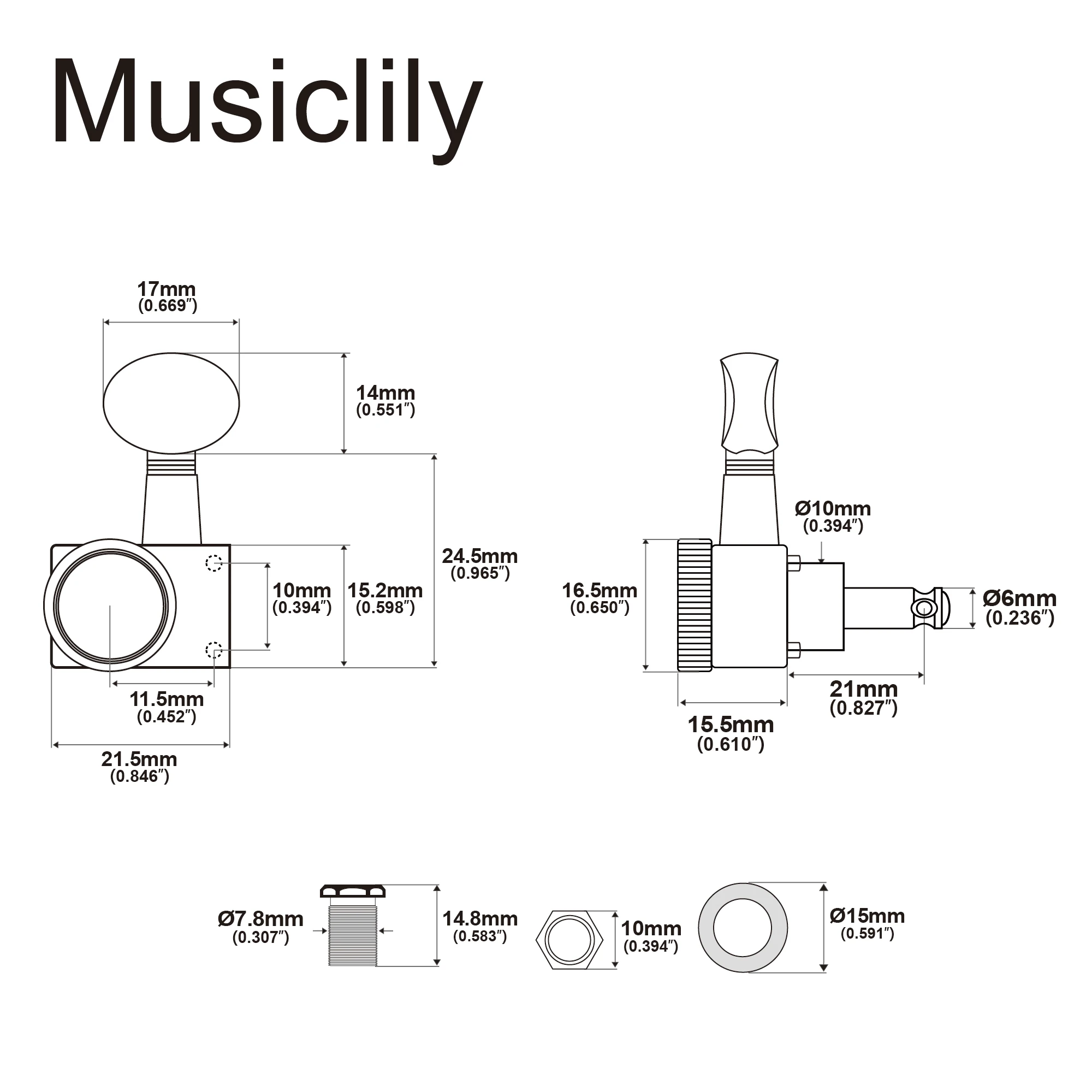 Musiclily Pro R18K 6R/6L 6-in-Line 18:1 Übersetzungsverhältnis 2-Pin Vollversiegelte Mechaniken Stimmwirbel für Fender ST Tele – Detail 14