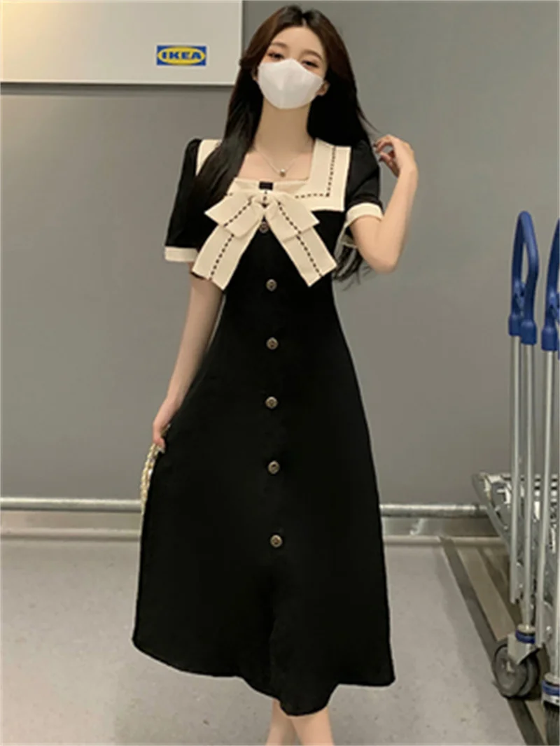 

Women's Dress Summer 2023 Loose Everything fat mm Belly Cover age Reduction Pear-shaped Figure Thin Black Long Skirt Commuting