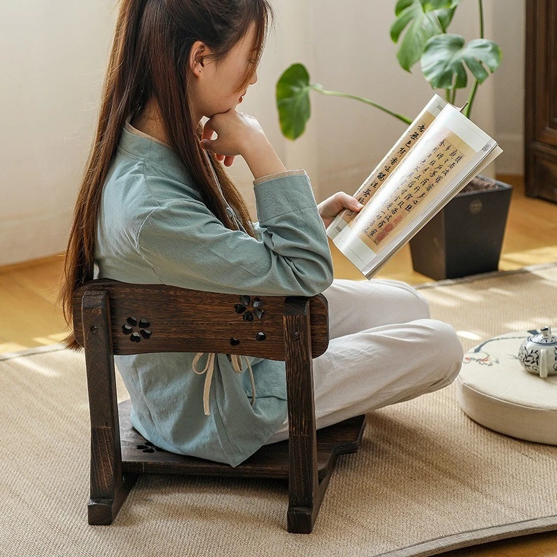 

Bay Window Wood Chair Low Backrest Floor Seat Ergonomic Tatami Stool Comfortable Bedside Lounge Chair Japanese Style Furniture