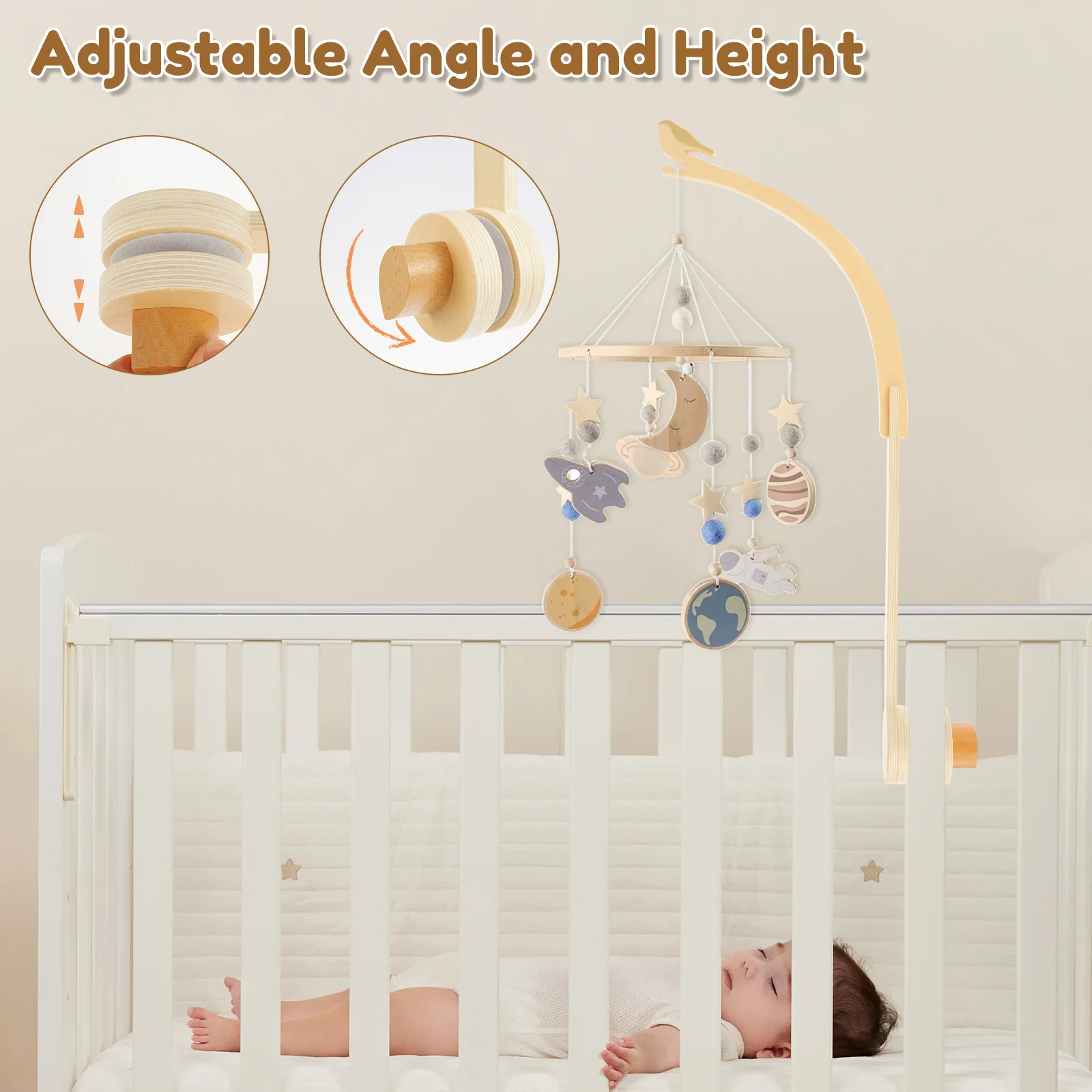 Wooden Crib Mobile Arm Bird Shape Baby Bed Mobile Holder Adjustable Baby Bed Mobile Hanger with Hanging Holes for Home Nursery