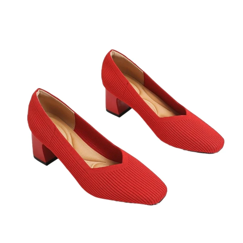 Square Knitted Breathable Comfortable Shoes (5cm High) Autumn 2025 New Collection Women's High Heels Comfortable