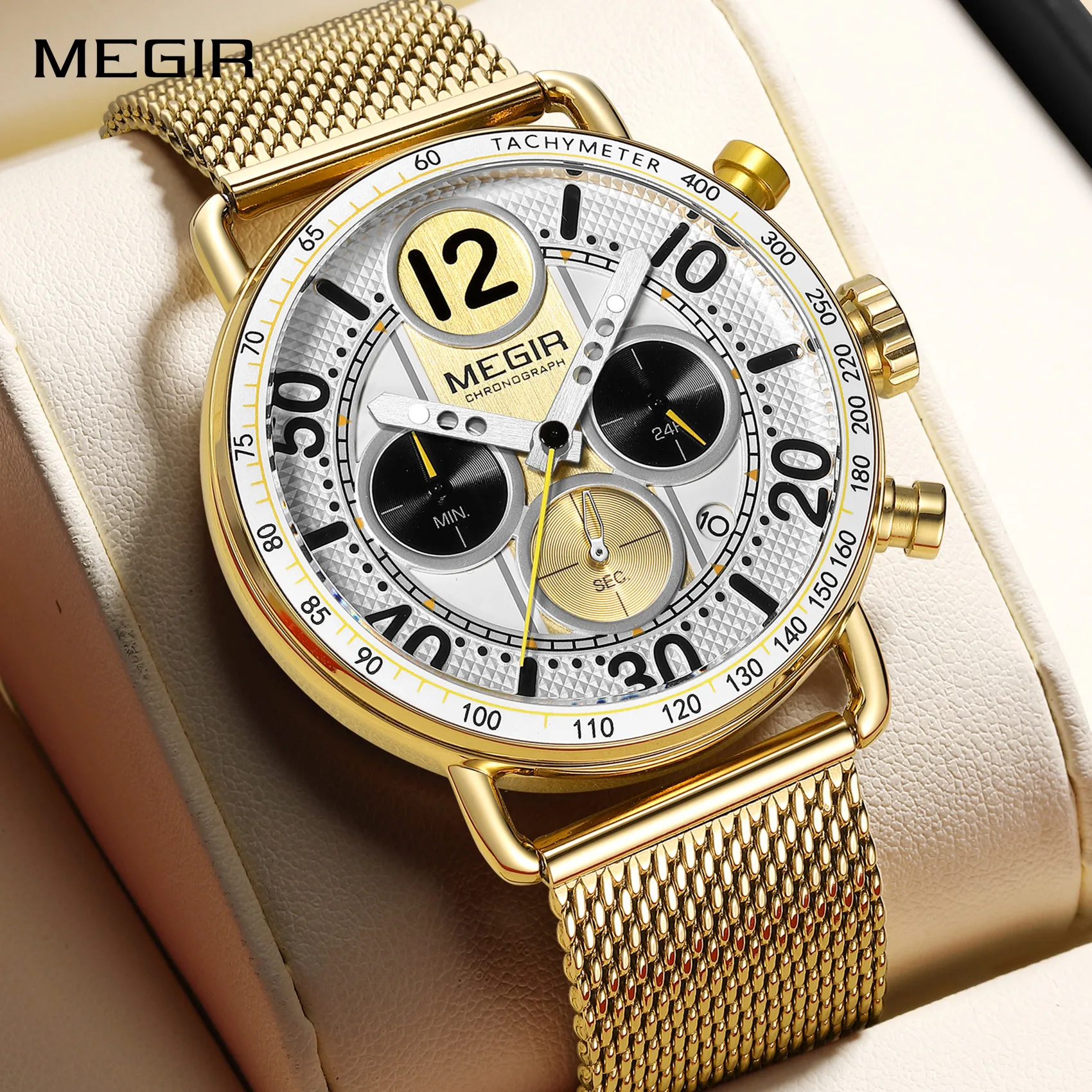 

MEGIR Multi-functional Men Sport Watches Stainless Steel Strap Quartz Business Wristwatch Chronograph 24-hour Auto Date 2249