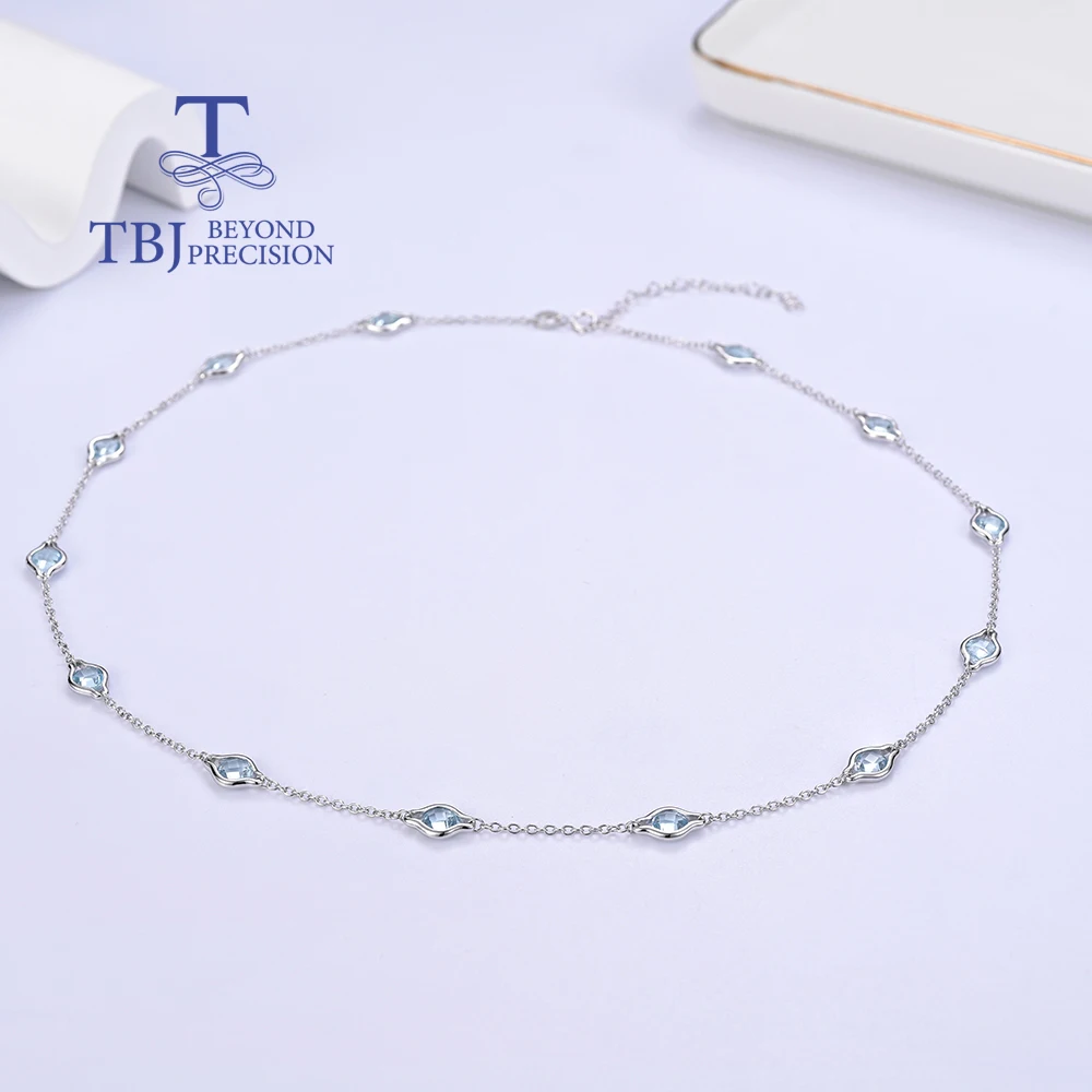 

S925 Silver Long Necklace for Girls with Natural Sky Blue Topaz Peridot Amethyst Gemstones 60cm 50cm Length Fine Jewelry