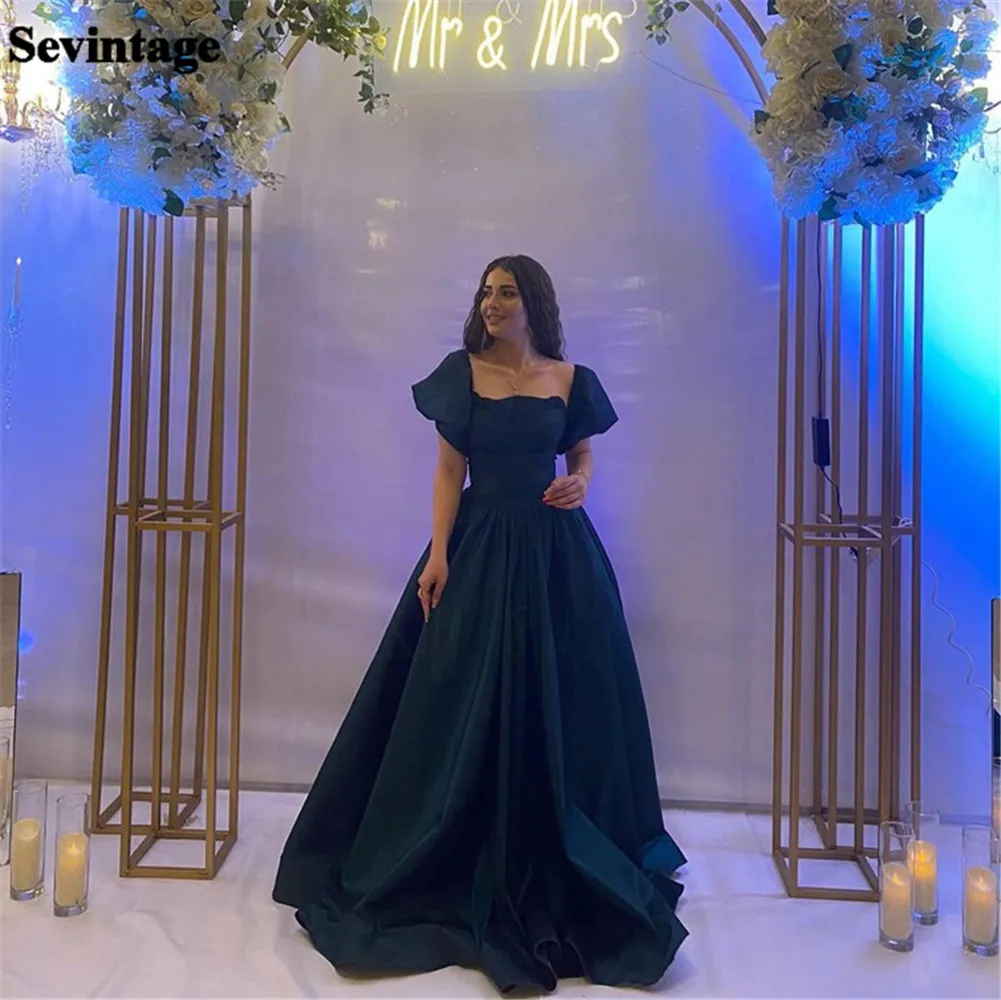 

Sevintage Hunter Green Saudi Arabic Satin Evening Dresses A-Line Pleated Square Collar Formal Prom Gown Women Party Dresses 2023