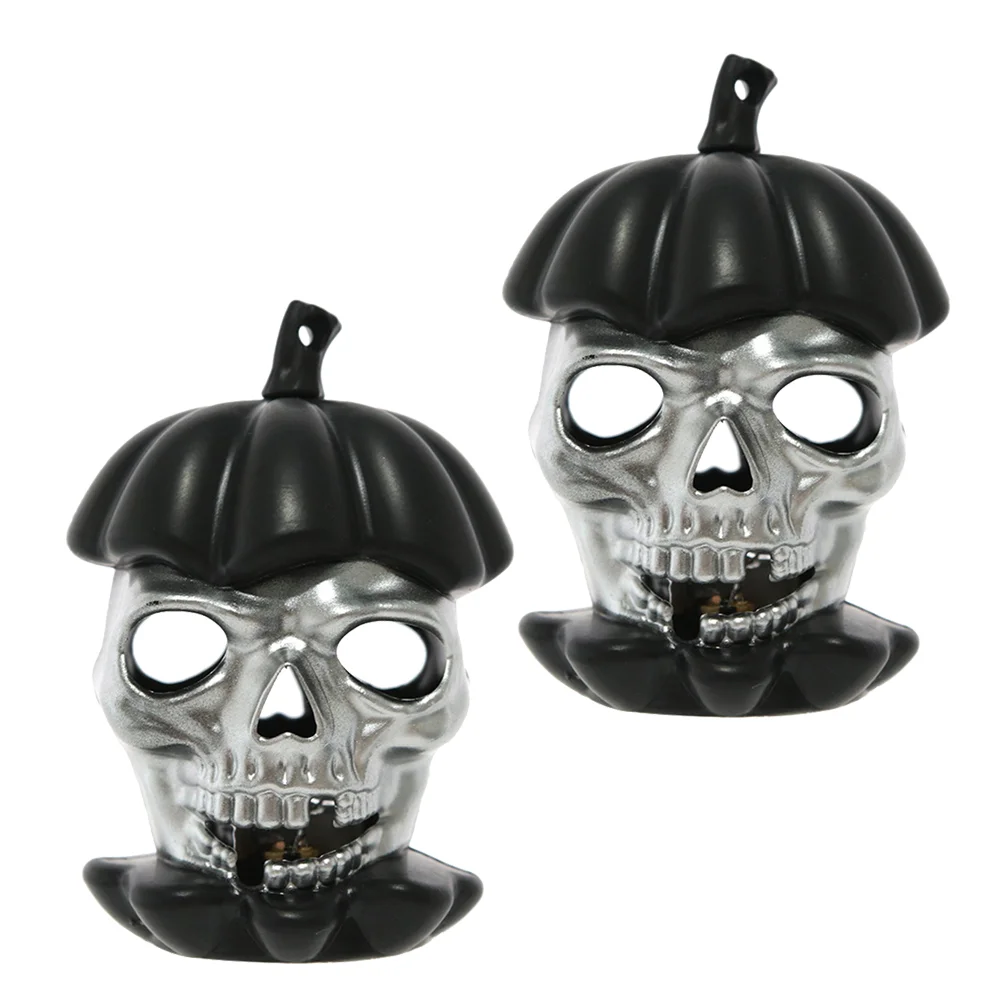 

2 Pcs Halloween Table Decor Hollow Skull Head Pumpkin LED Night Light Supplies Prop Black