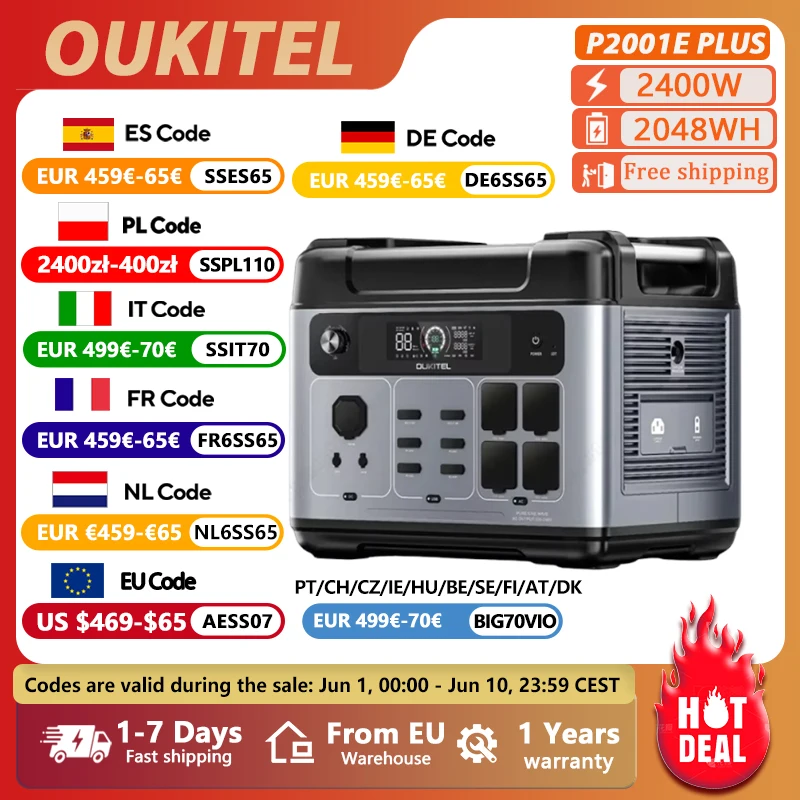 OUKITEL P2001E PLUS 2400W Portable Power 2048Wh Lifepo4 Battery Station Solar Generator Home Backup,Outdoor Camping Mobile power