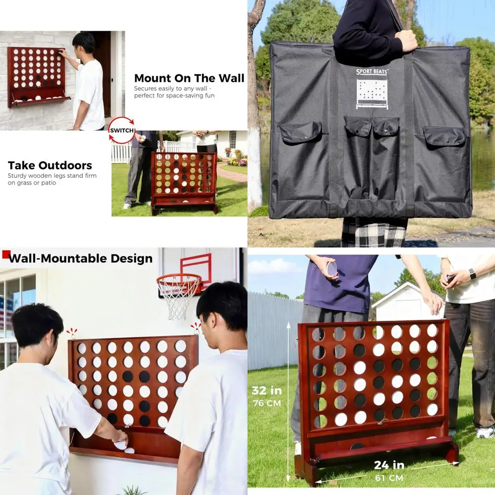 

Portable Wooden 4-in-a-Row Game with Folding Tray, Suitable for Indoor and Outdoor Use, Comes with Carry Bag and Legs