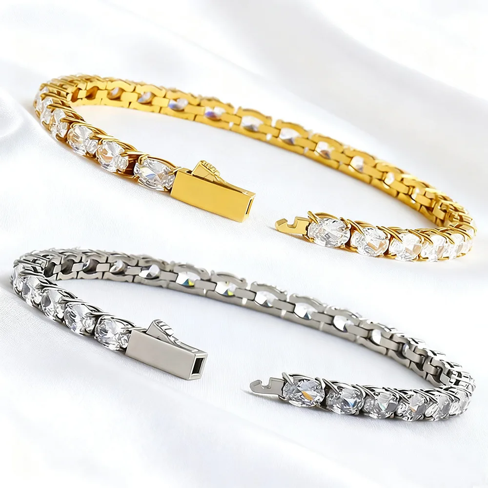 

Hip Hop Elliptical CZ Stone Paved Bling Iced Out Stainless Steel Tennis Link Chain Bracelets for Men Women Rapper Jewelry