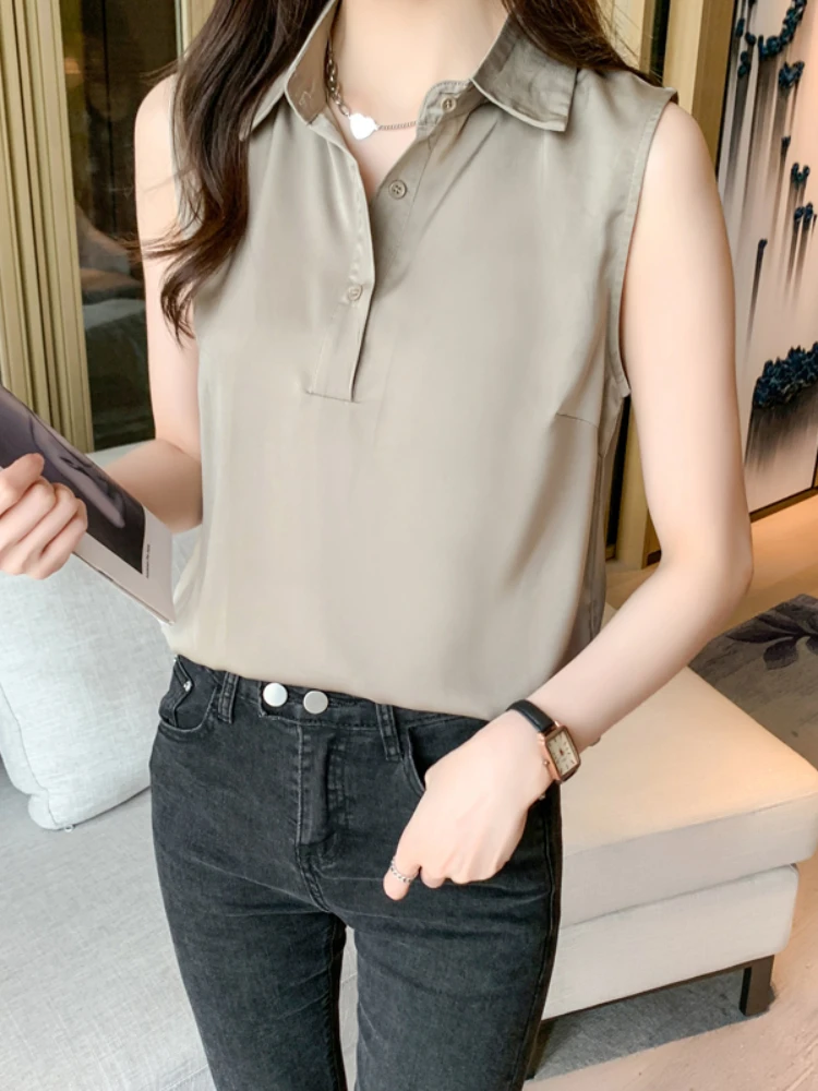 Fashion Summer Blouses for Women Soild Womens Tops Shirt Chiffon Sleeveless Womens Blouses Basic OL Female Clothing Sexy Blouses