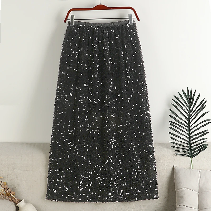 Sexy Sequin Skirt Elegant Korean Fashion Glitter Pink Yellow Purple Black Stretchy Party Club Midi Long Skirt Elastic Band