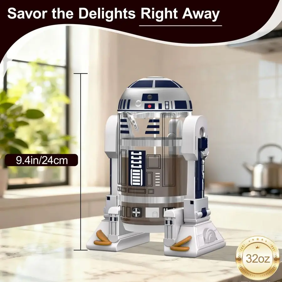 

French Press Insulated 304 Stainless Steel Coffee Maker, 32 Oz Robot R2D2 Hand Home Coffee Presser, with Filter Screen for Brew