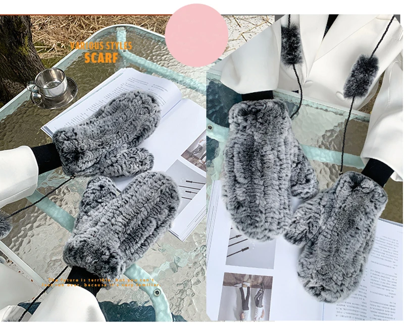 Women's Winter Real Rex Rabbit Fur Gloves Warm Thick Ladies Fur Mittens Elastic Girls Ski Glove Mitts Elastic Soft With String