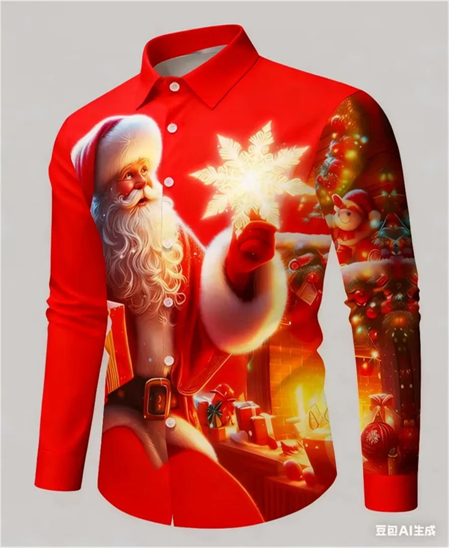 

3D модная мужская рубашка с длинными рукавами и принтом снежинок с рождественским узором для осенней и зимней повседневной одежды, дизайнерский топ