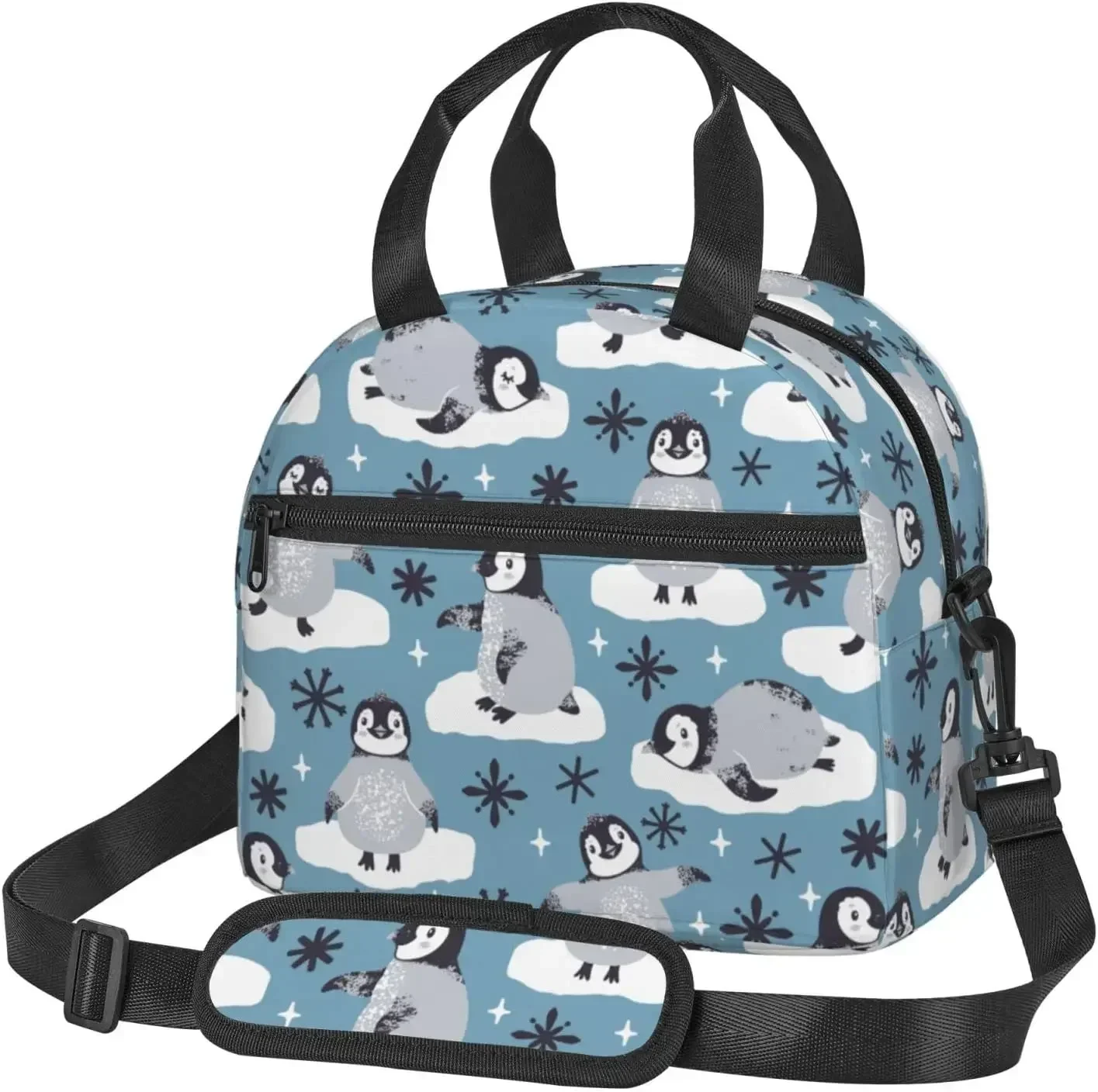 

Cute Penguins and Snowflakes Reusable Insulated Lunch Bag for Women Men Novelty Lunch Tote Box with Adjustable Shoulder Strap