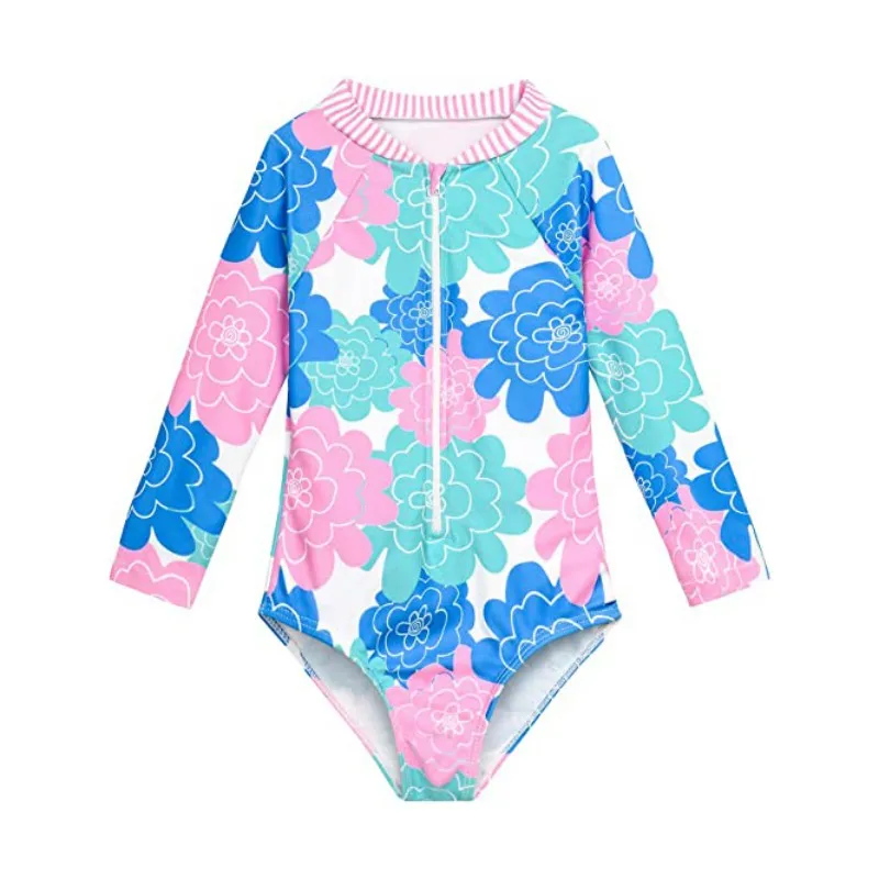 Kids Baby Girl Swimsuits Summer Floral Long Sleeve Zipper Jumpsuit Swimwear Beachwear Bathing Suits 2-7 Years old