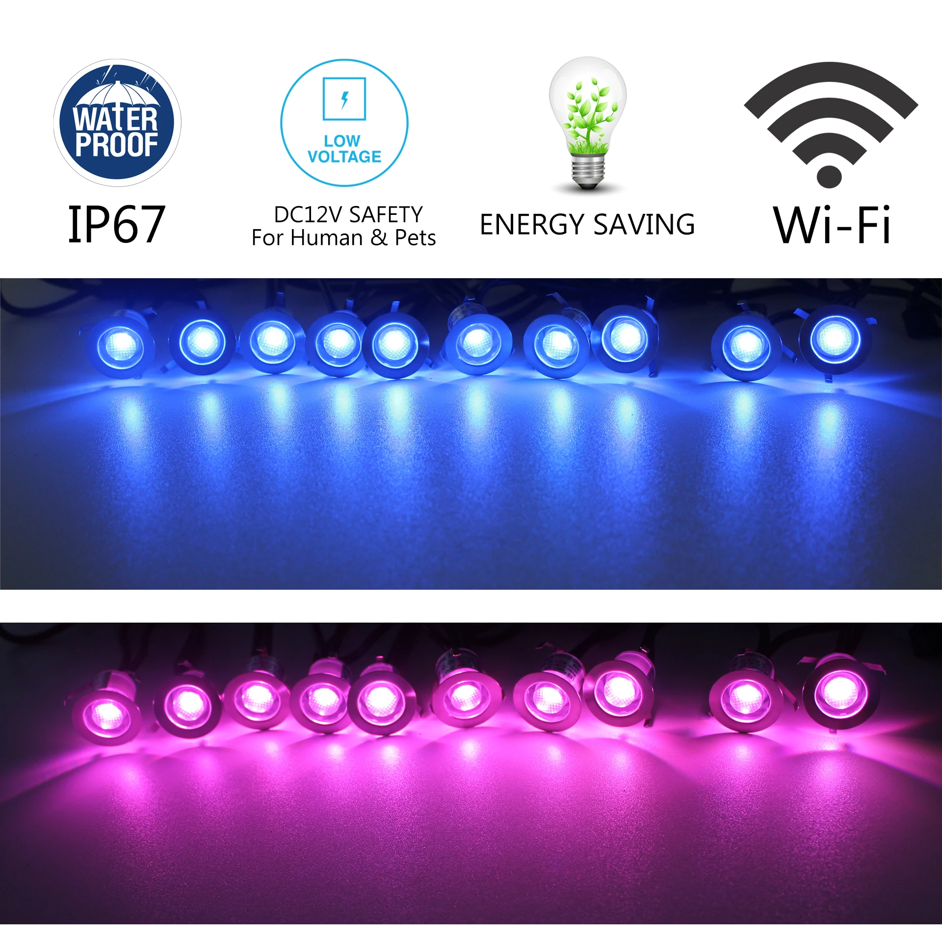 RGB Deck Luzes LED com Conchas, 30mm Escadas de Iluminação, Baixa Tensão, DC 12V, 0.6W, Wi-Fi, Jardim Pátio, 30mm, 10 Packs, 16 Packs