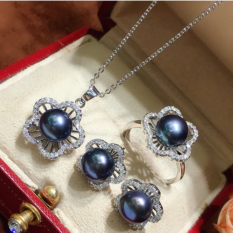 

Gorgeous 6Color 8-9mm freshwater pearl flower Pendant Necklace Earring Ring 3PCS set for Versatile Fashion Jewelry