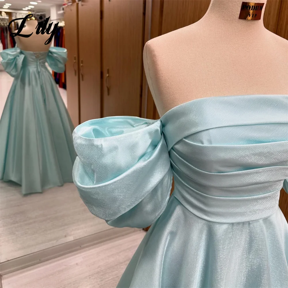 Lily Sky Blue Prom Dress Off the Shoulder Stain Celebrity Dresses Women\'s Evening Dress A Line Pleat Formal Gown Dresses 프롬 드레스