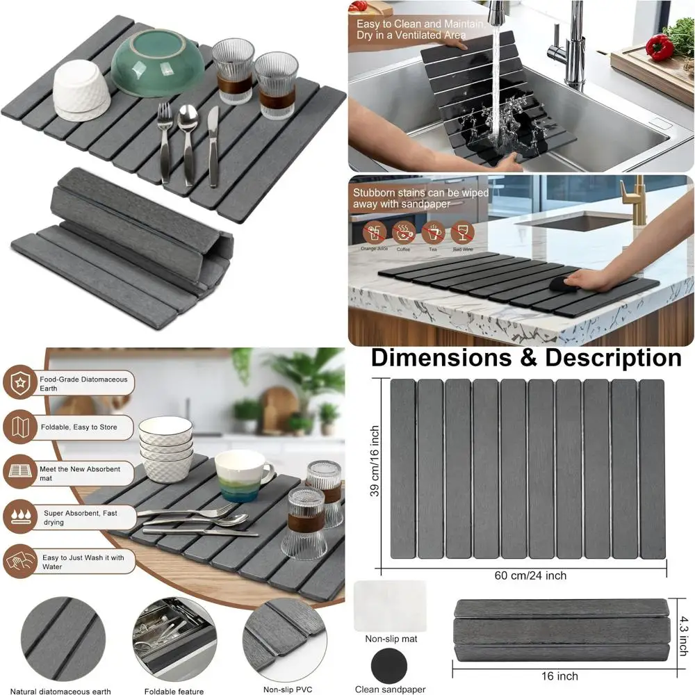 

Large 24x16 Stone Dish Drying Mat for Kitchen and Bathroom Counters - Fast Absorbent Diatomaceous Mat for Dishes, Bottles, and C