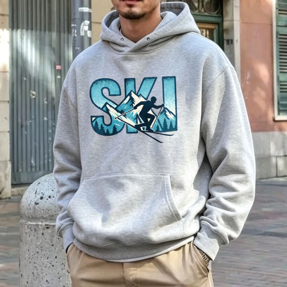 Men Heather Gray Pullover Hoodie SKI Vintage Distressed Letter Skier Mountain Pine Tree Silhouette Winter Hoodie Sweatshirt Tops
