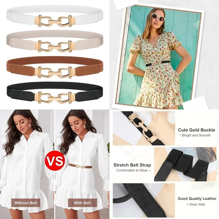 

Women Skinny Belt for Dresses Retro Stretch Waist Belt with Gold Buckle Set of 4,Fits Waist 22"-28"