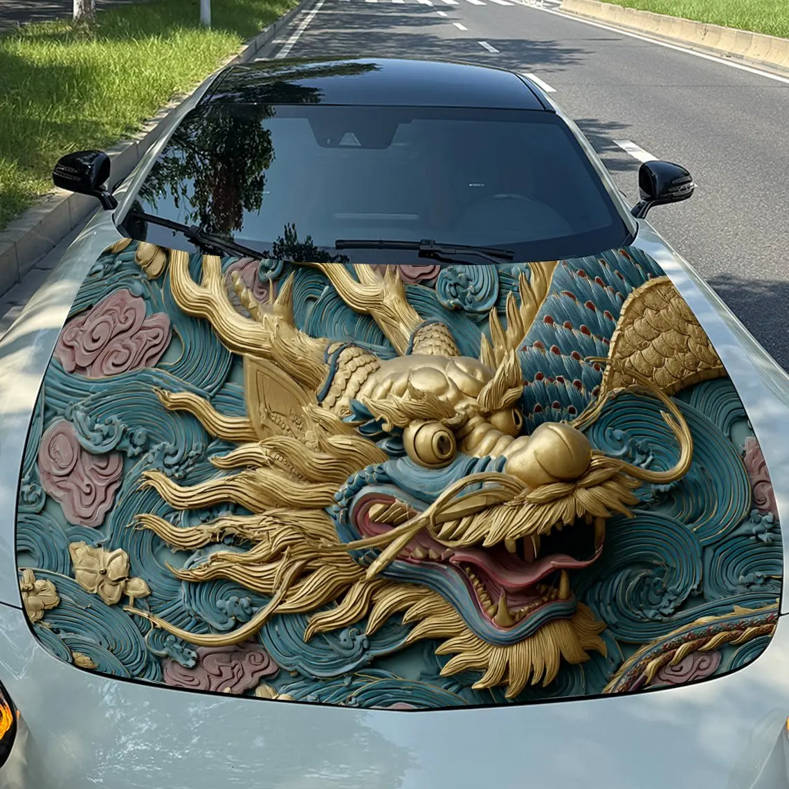 Relief Golden Dragon PVC Car Hood Wraps, Self-Adhesive Waterproof Car Bonnet Decal Sticker, Car Decoration Protection Stickers f