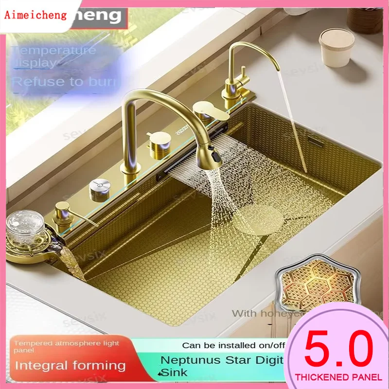 fregaderos de cocina Gold golden 5mm Waterfall Kitchen Sink Honeycomb Technology Large Digitial Display Stainless Steel Sink