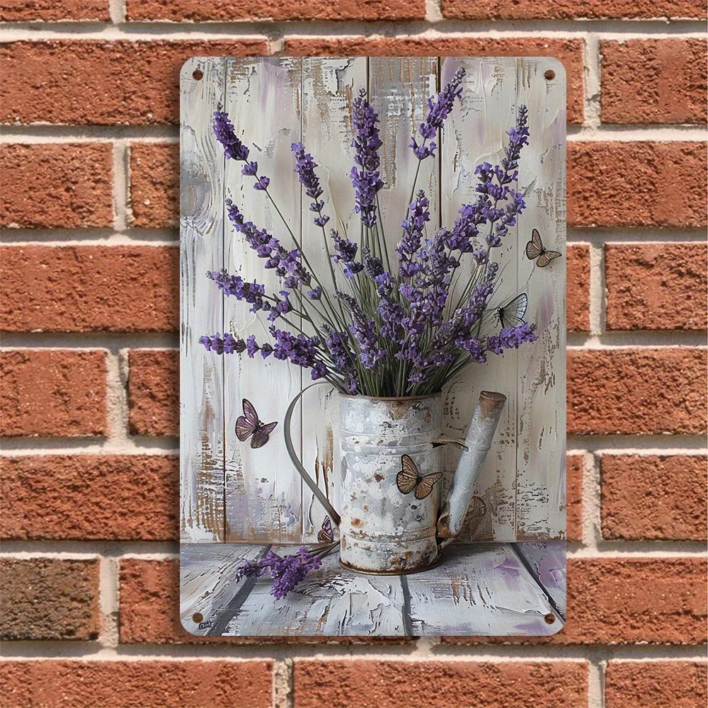 Targa da parete in ferro color lavanda e farfalla, decorazione da parete per interni ed esterni, design durevole con fiori e libellule, 8 x 12 pollici